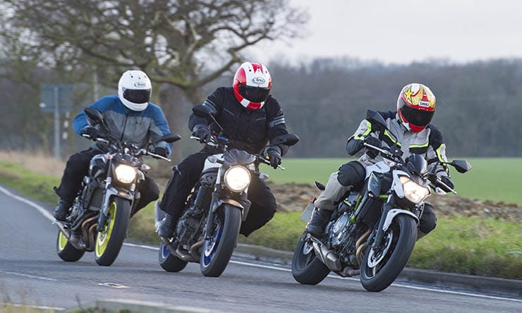 Yamaha MT-07, Kawasaki Z650 and Suzuki SV650
