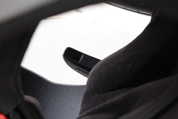 The Zona rear view camera eyepiece as seen inside a crash helmet