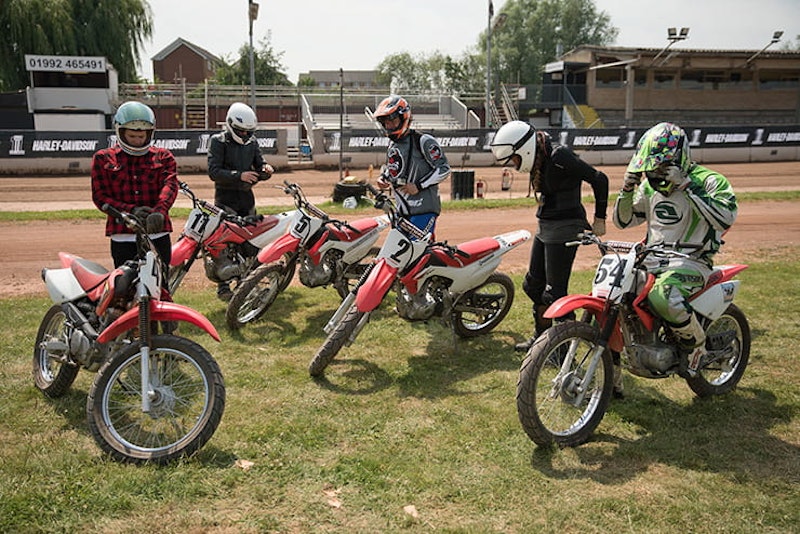 after they have ridden the riders chat about flat track