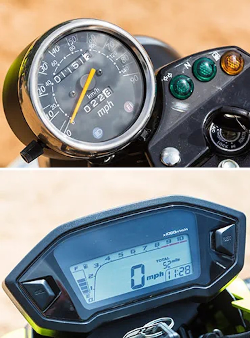 Traditional VanVan clocks (top) contrast with modern LCD unit on Grom