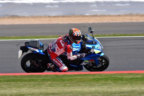 WSB rider Alex Lowes sideways on a GSX-R1000 road bike!