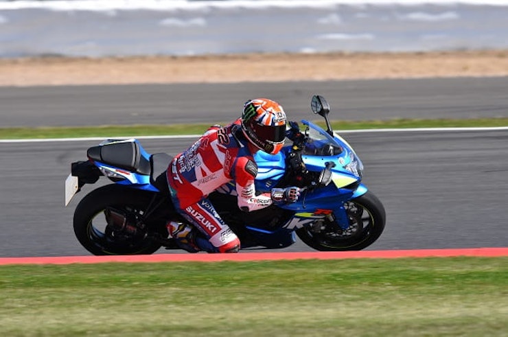 WSB rider Alex Lowes sideways on a GSX-R1000 road bike!