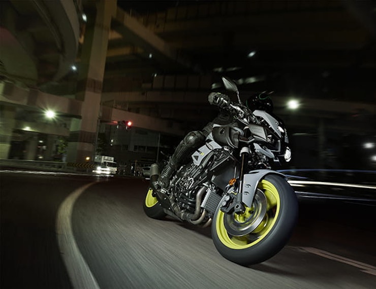 Yamaha's MT-10 looking mean and moody at night.