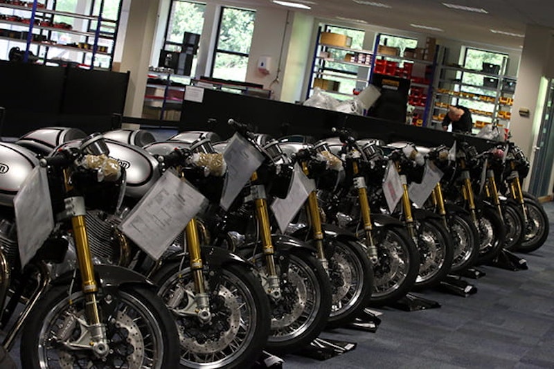 Nortons line up at the Donington Hall factory.