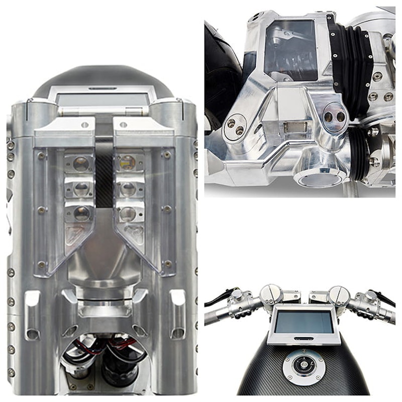 Headlights, instrument panel and rear shock in swingarm
