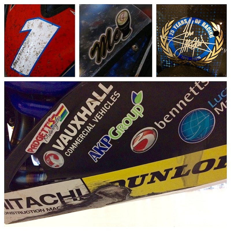 Still complete with squashed flies from the TT, McGuinness' 25 years of racing logo, and the bellypan with chunks missing off it.