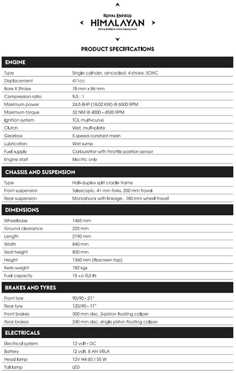 Technical specification for Royal Enfield Himalayan