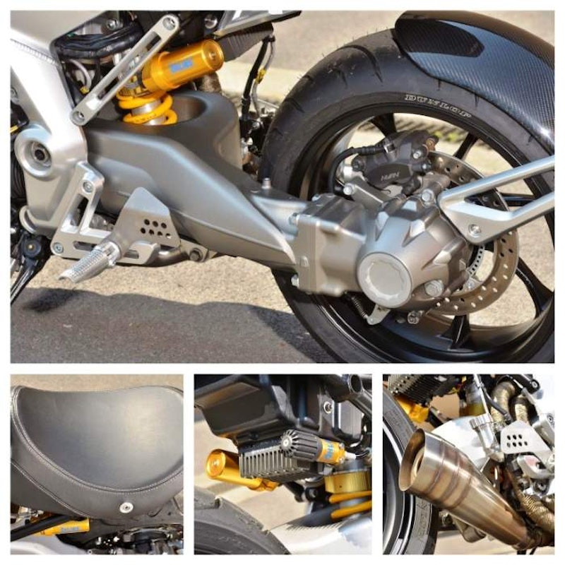 This is the two-seater bike as it will make it to production. The finish is high and there's loads of carbon-fibre on this bike.