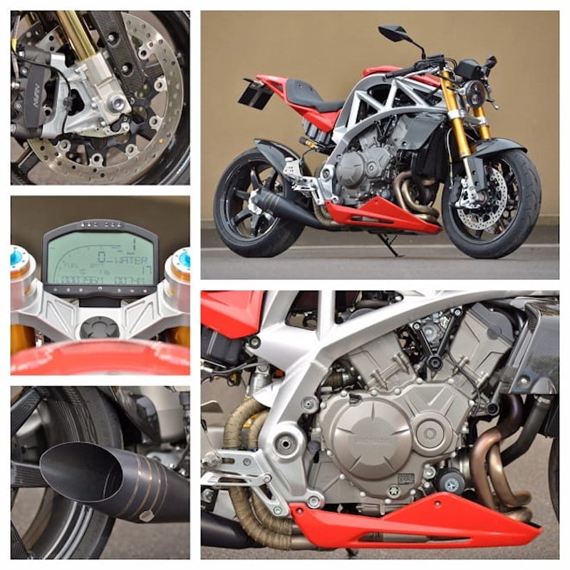 The Ace from L to R: Ohlins road and track forks with radial mounted Nissin calipers, the Ace in all its naked glory, race sopec dash is developed from the Atom car, a stainless steel exhaust, that glorious frame and the Honda V4 motor comes to life in this bike,