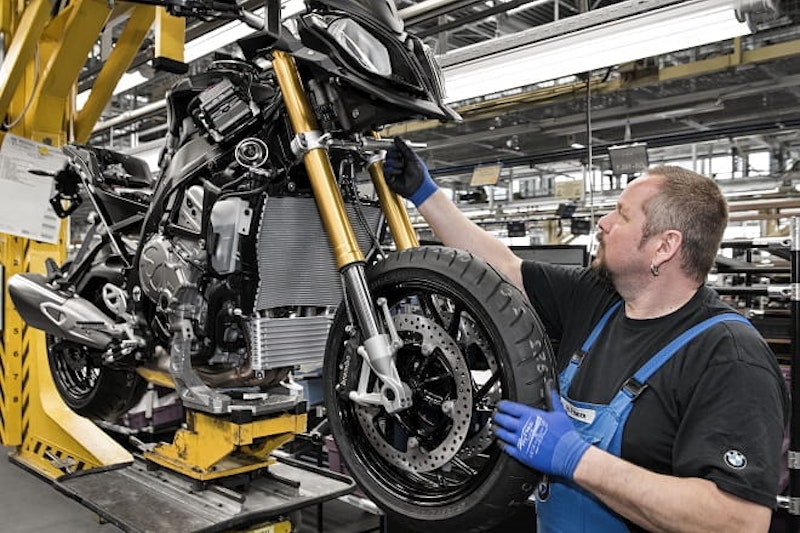 BMW's S1000XR on the production line. They're in BMW dealerships later this month.