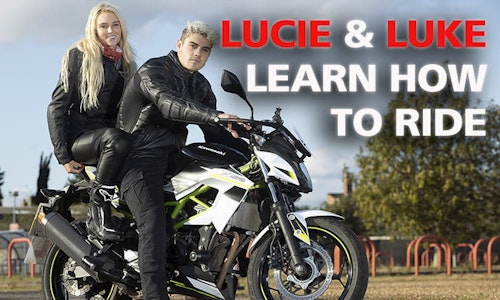 Lucie Donlan and Luke Mabbott learn how to ride a motorcycle-thumb