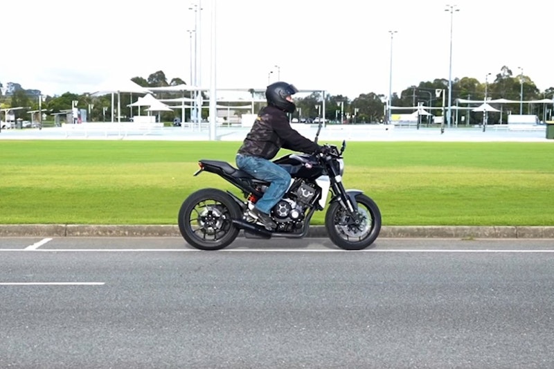 A motorcycle rider demonstrates slow speed control