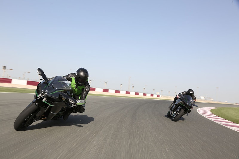 2015 Kawasaki Ninja H2 and H2R on track together