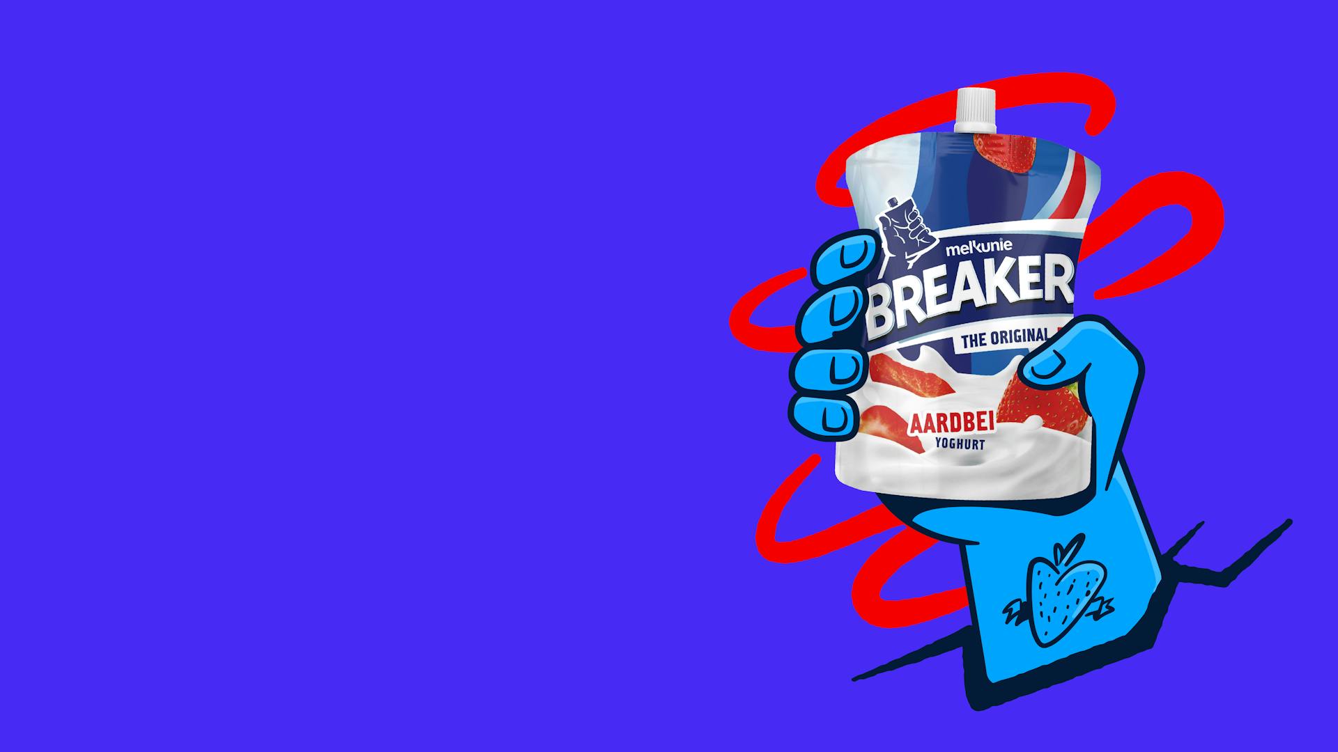 Melkunie Breaker aardbei in handje met blauwe achtergrond.