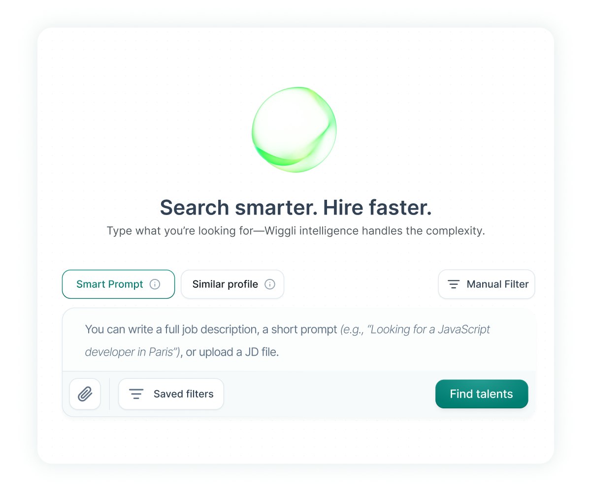Wiggli AI talent search interface with smart prompt, similar profile, and manual filter options for faster hiring.