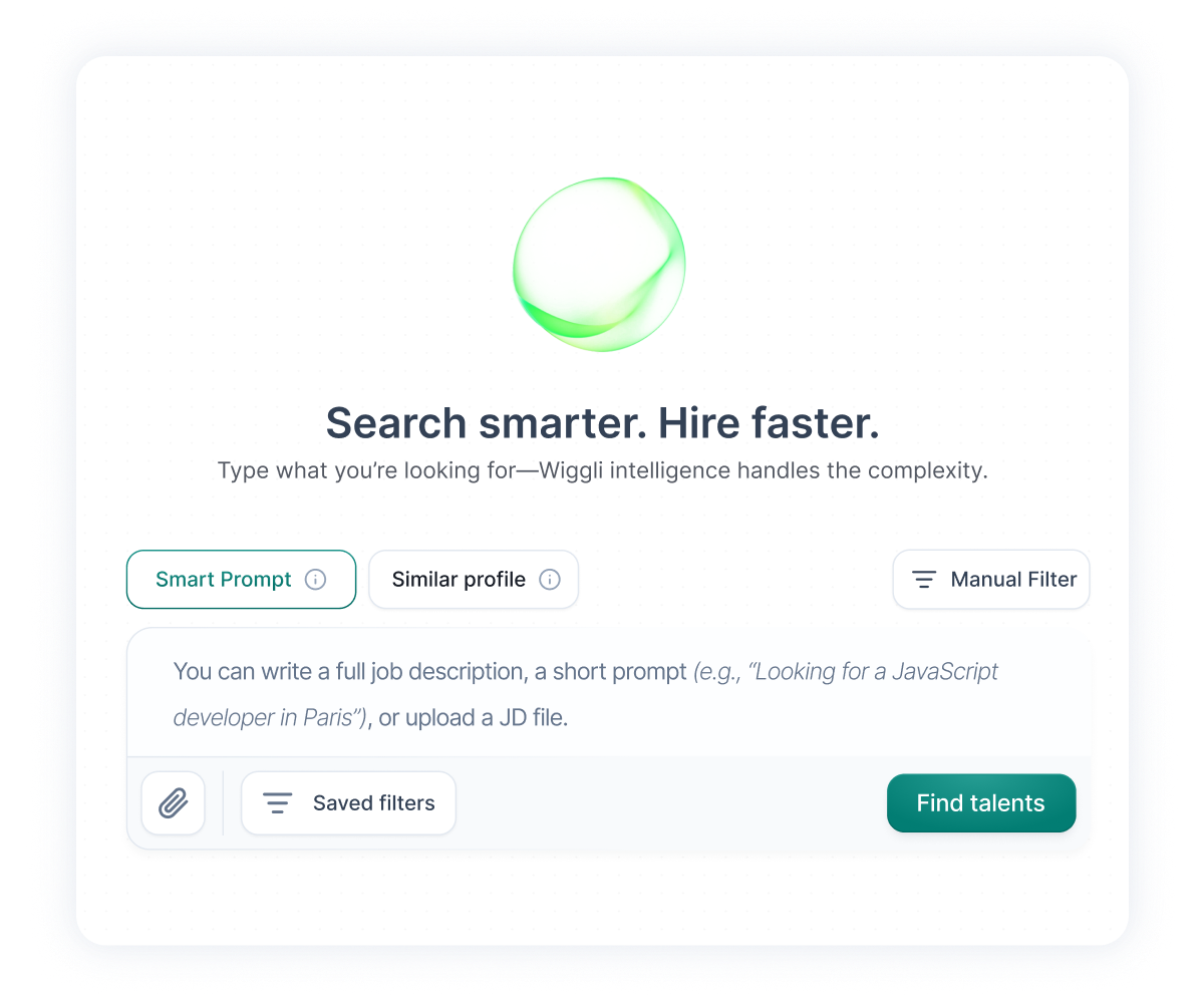 Wiggli AI talent search interface with smart prompt, similar profile, and manual filter options for faster hiring.