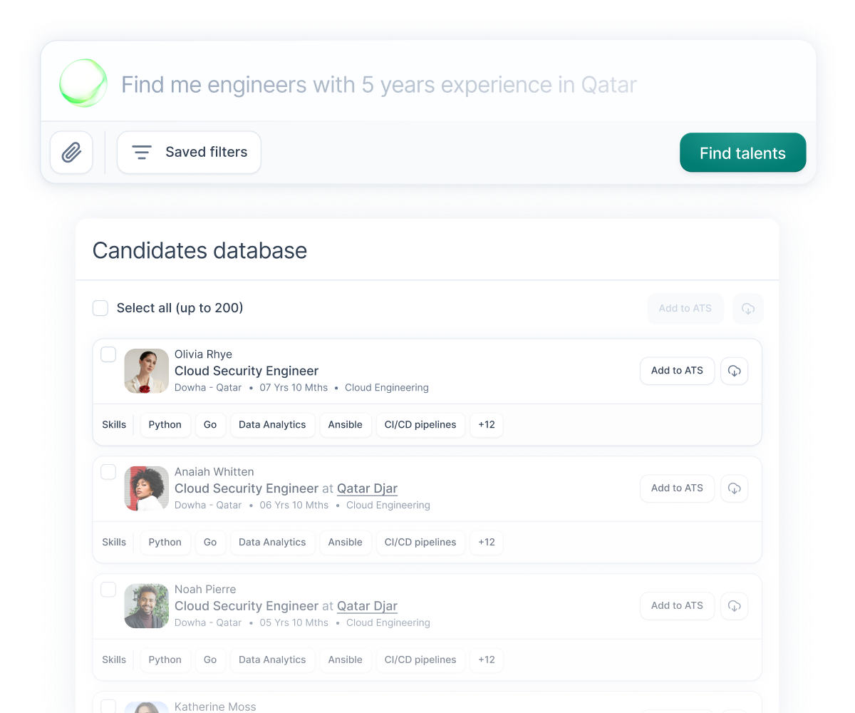 Redécouvrez vos Talents dans votre Base de Données – Recherche Sémantique Wiggli Interface de redécouverte des talents de Wiggli montrant des résultats de recherche sémantique pour des ingénieurs avec 5 ans d’expérience.