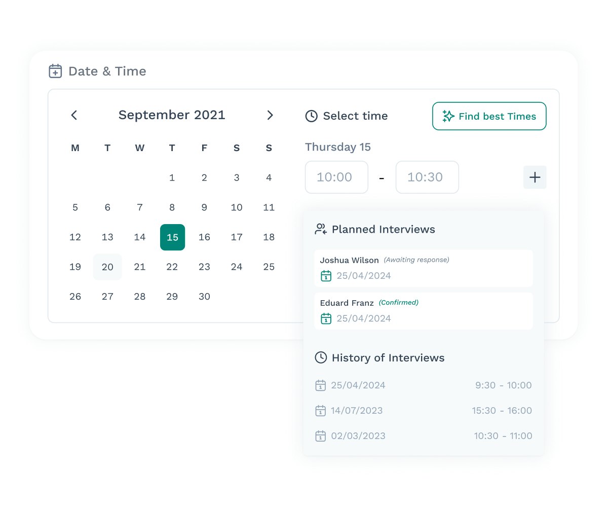 Wiggli interface showing AI-powered interview scheduling with calendar, time slot selection, and planned interview list