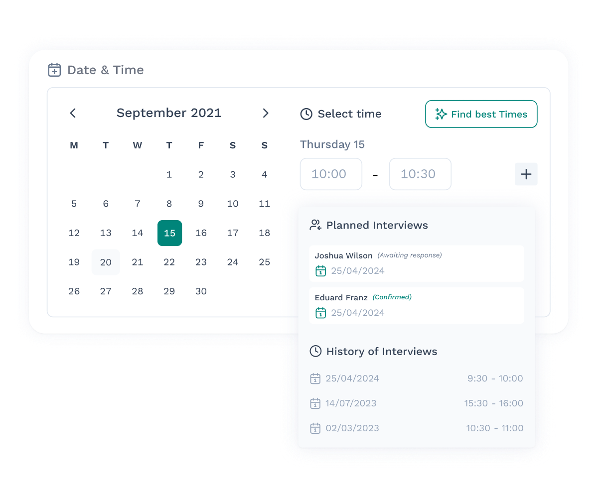 Wiggli interface showing AI-powered interview scheduling with calendar, time slot selection, and planned interview list