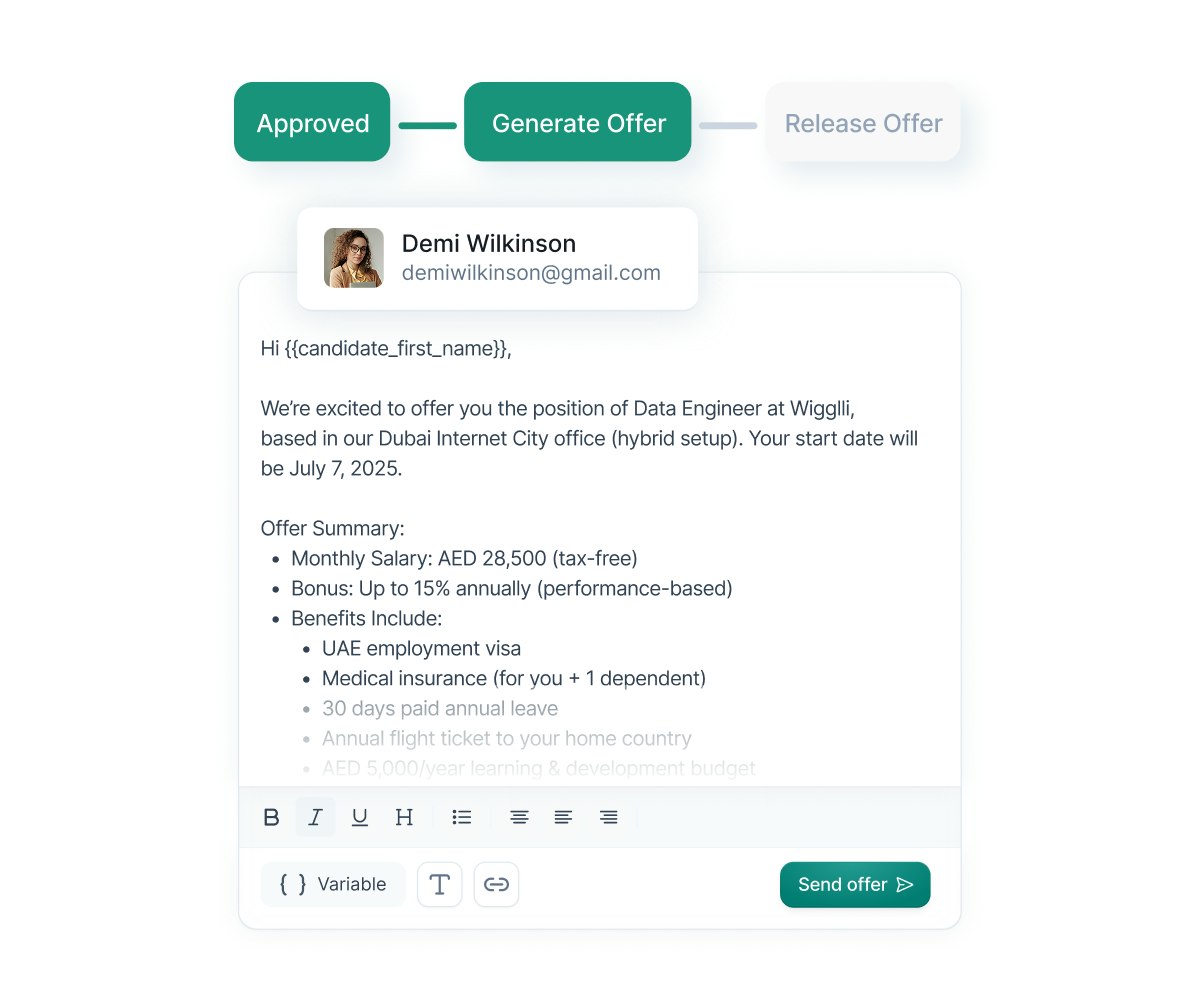 Wiggli interface showing offer letter creation with approval flow and personalized variables for salary, bonus, and benefits