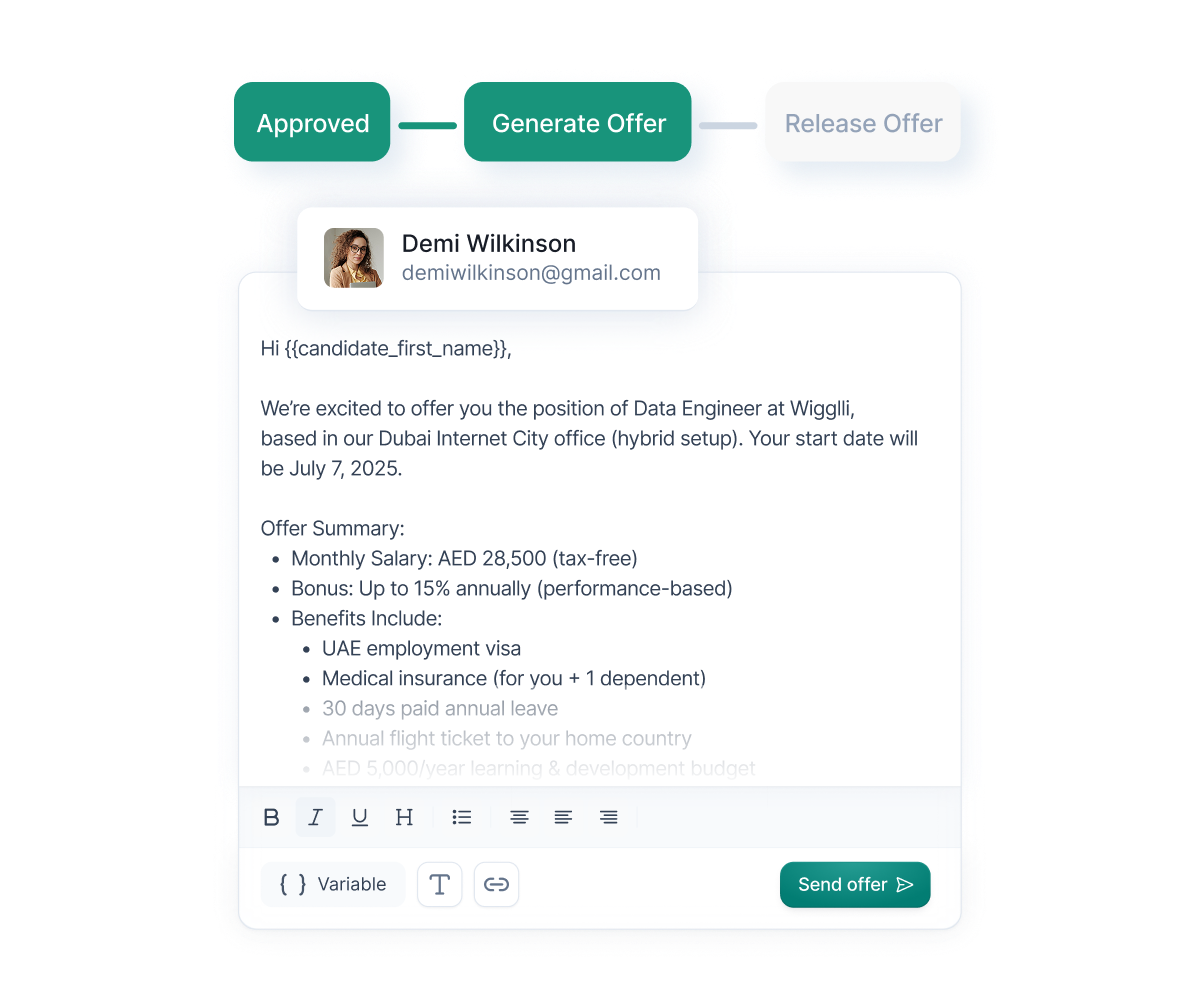 Wiggli interface showing offer letter creation with approval flow and personalized variables for salary, bonus, and benefits
