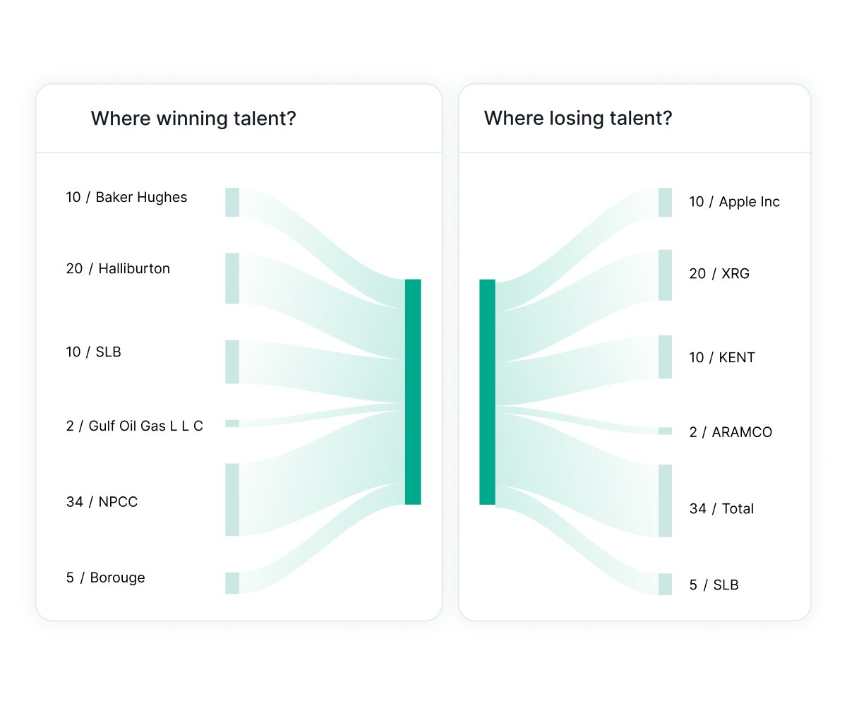 Diagram showing Wiggli Talent Flow Insights comparing companies gaining and losing talent through visual flow lines