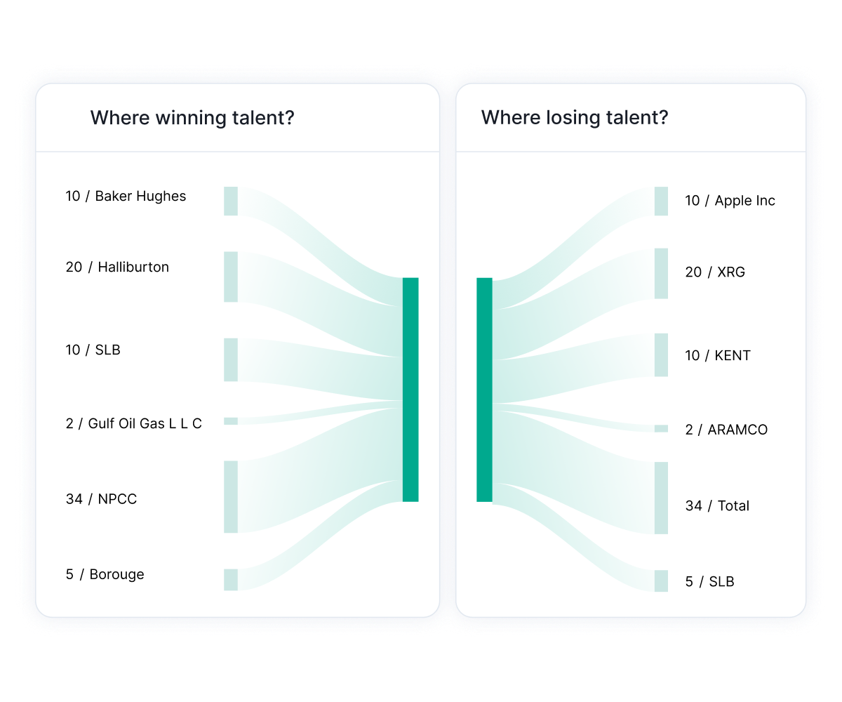 Diagram showing Wiggli Talent Flow Insights comparing companies gaining and losing talent through visual flow lines