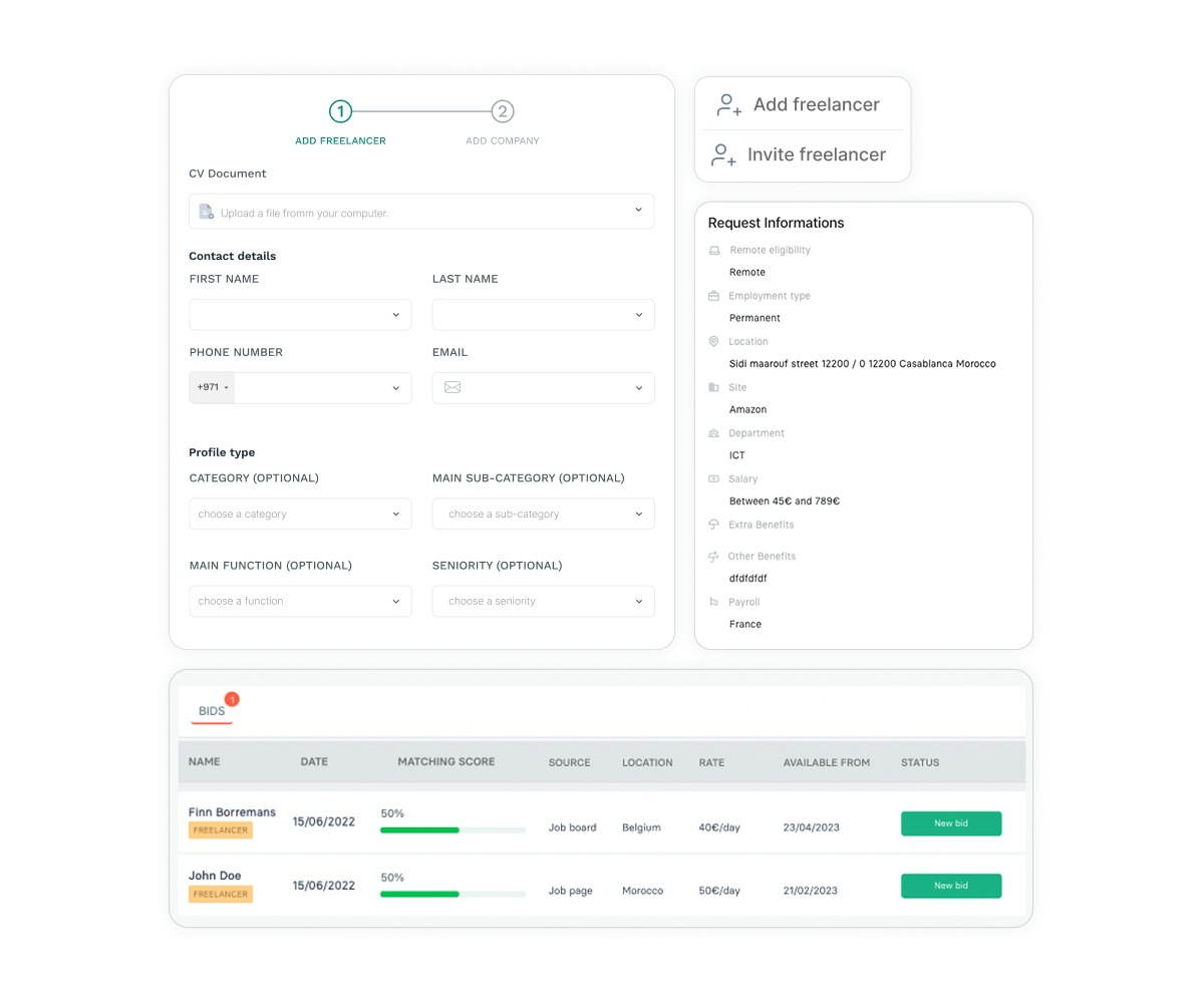 Wiggli platform interface showing freelancer onboarding form, request details, and candidate matching with compliance information