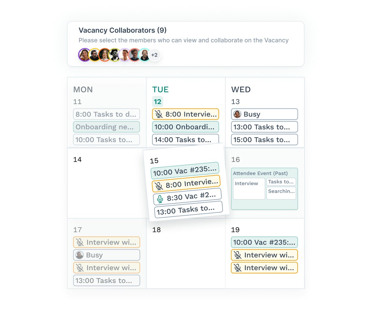 Wiggli ATS Collaborator Groups feature showing recruiters, hiring managers, and interviewers working in one shared space with real-time feedback, synced calendars, and streamlined interview scheduling.