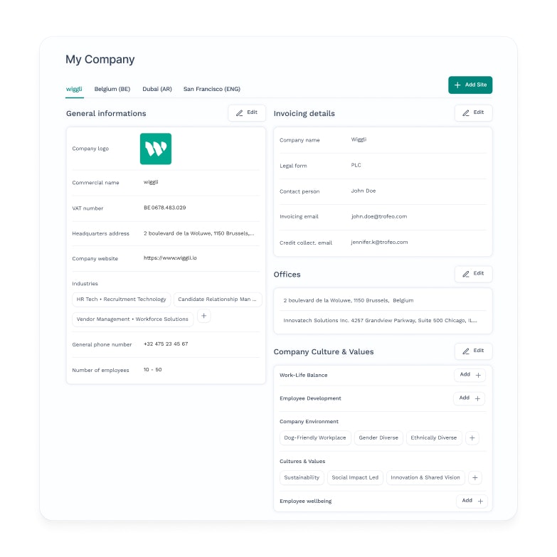 Wiggli supports enterprise hiring with multi-brand and multi-region workflows, filters, and tagging to manage complex recruitment.