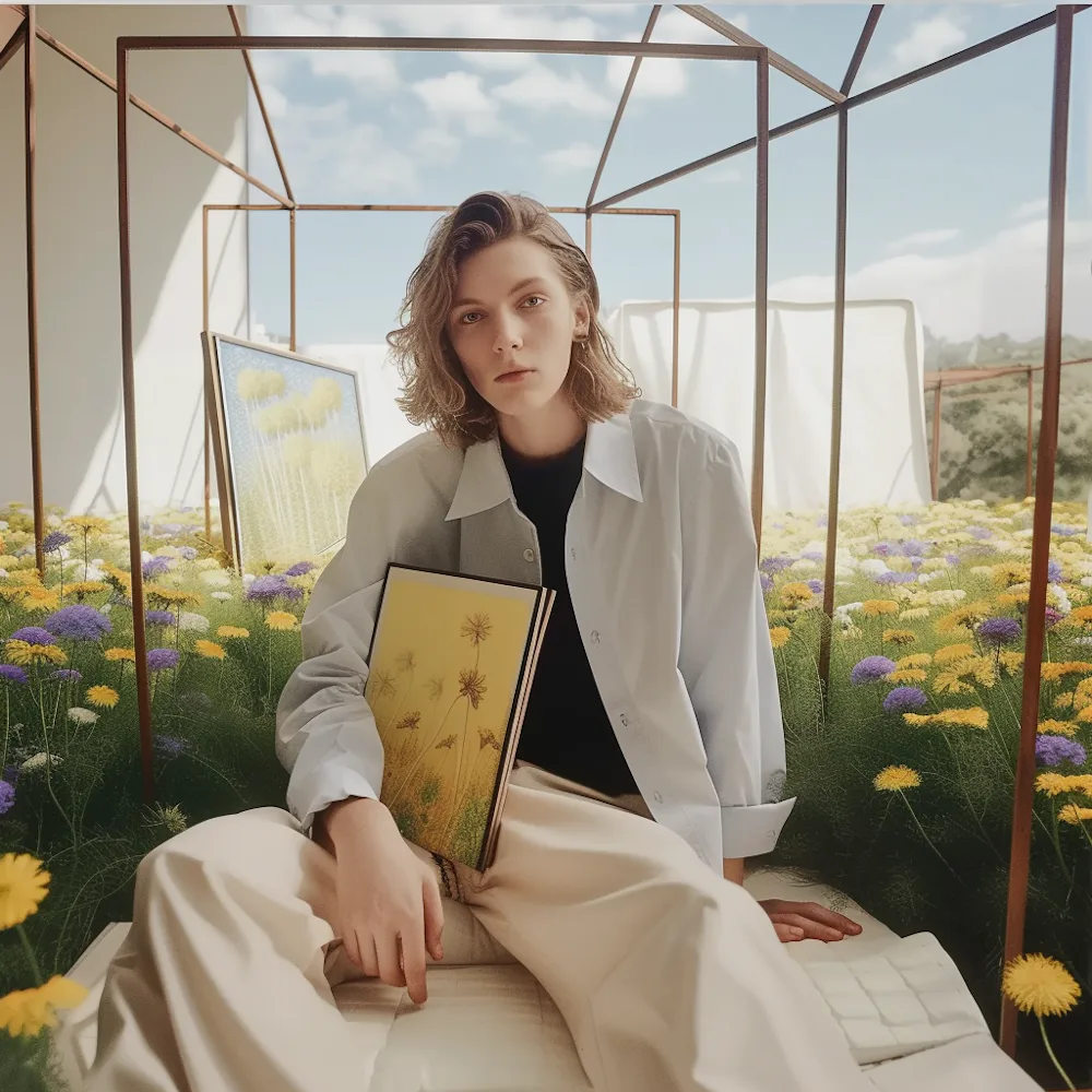 Person sitting beside flowers