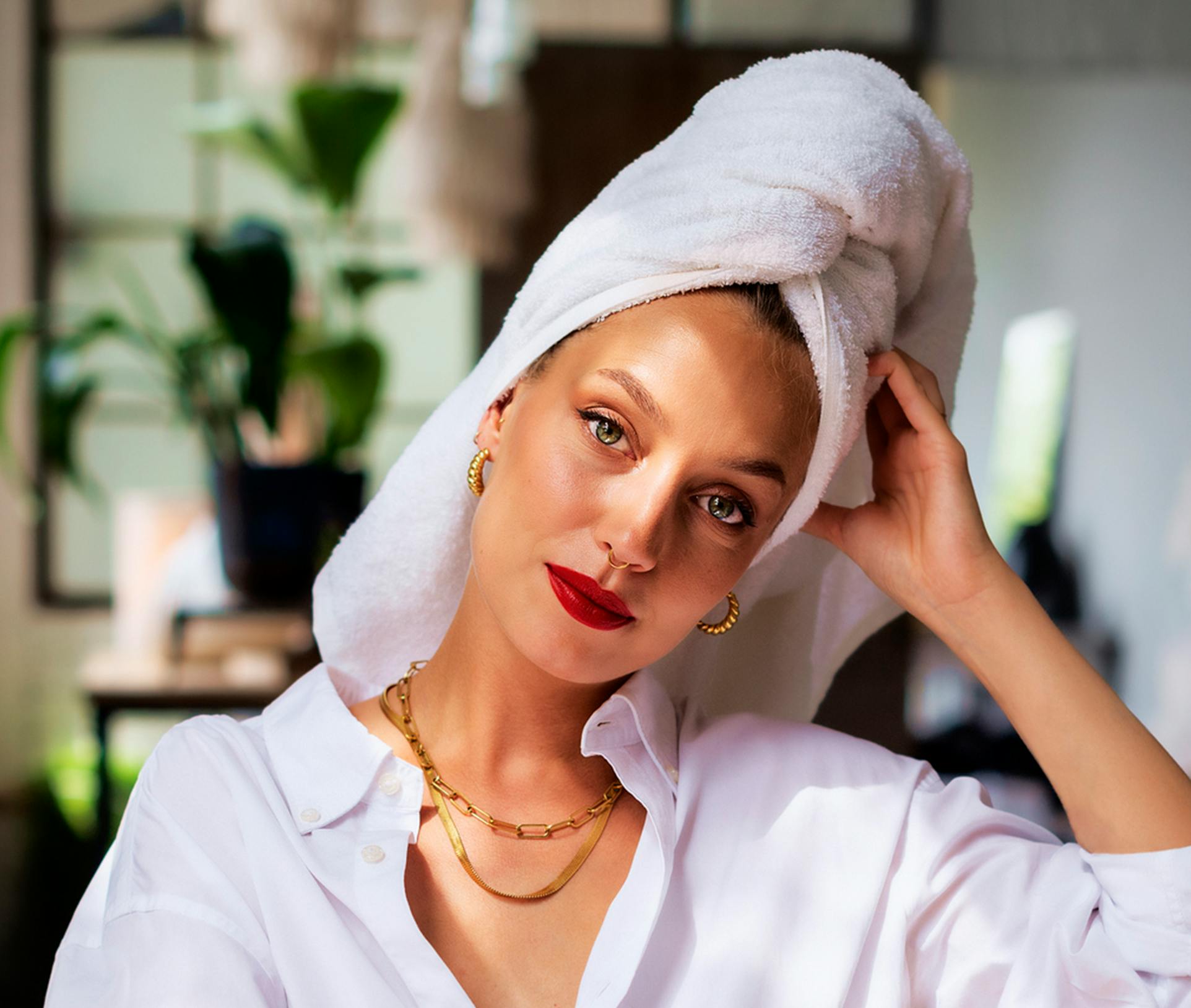 woman with towel wrapped on her head