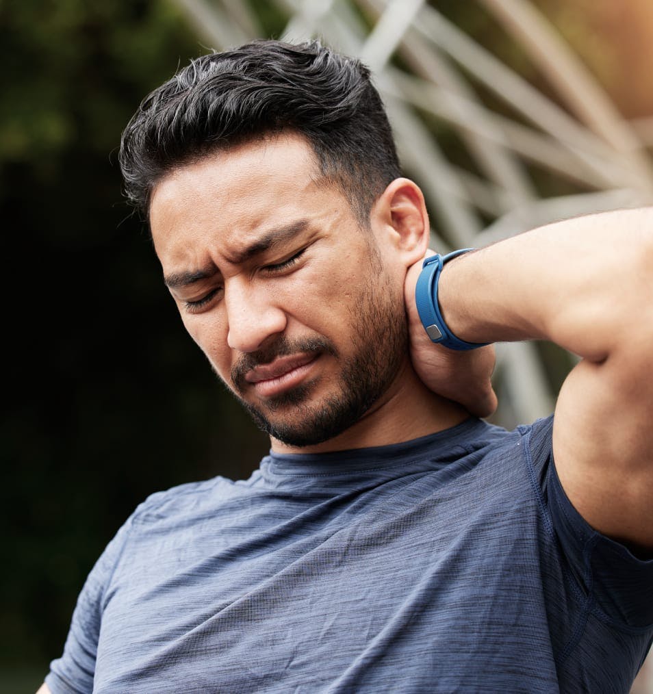 man holding neck
