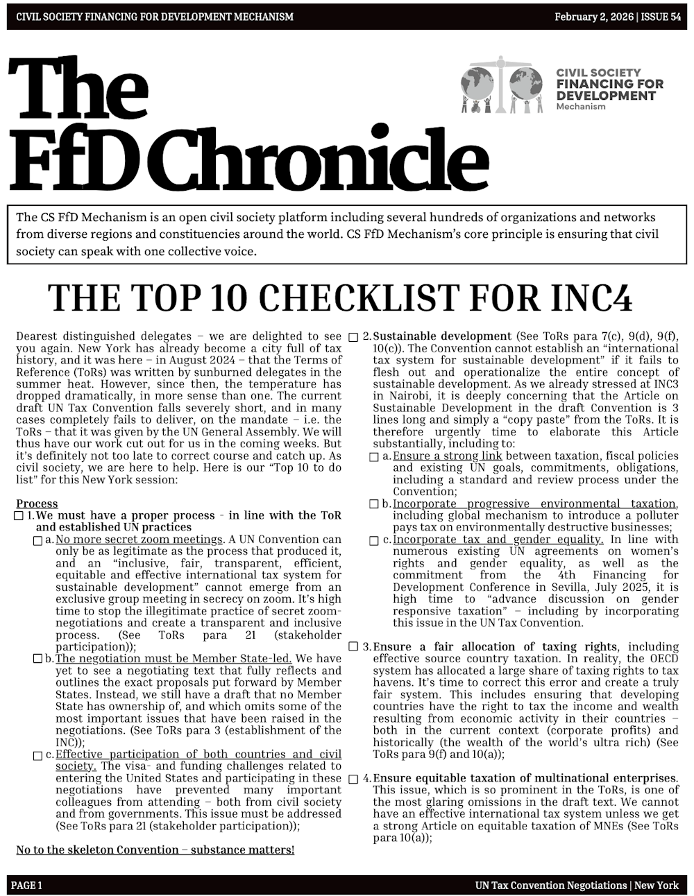 Issue 54: The top 10 Checklist for INC4 - CSFFD