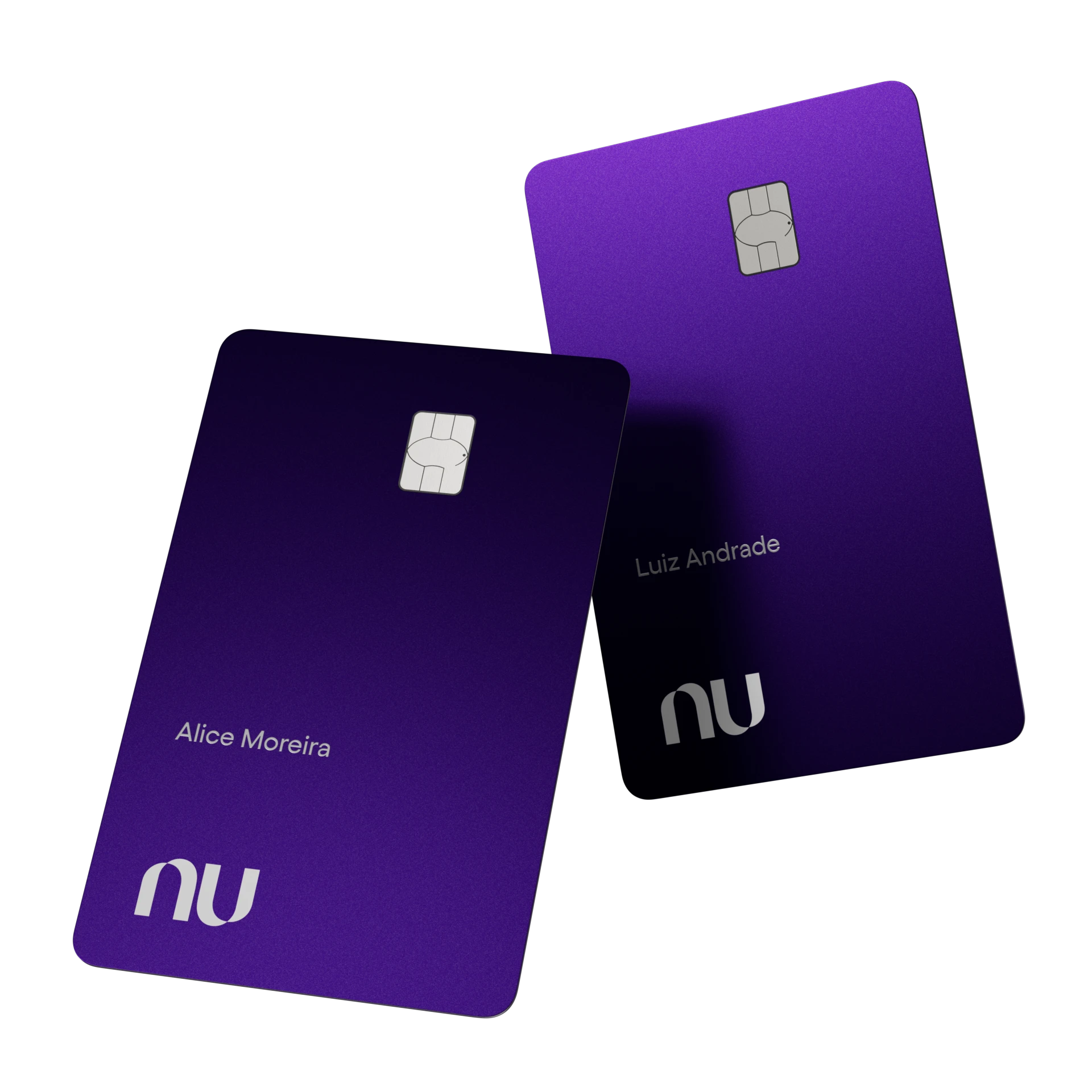 Dois cartões Nubank Ultravioleta sobrepostos e flutuando na tela.