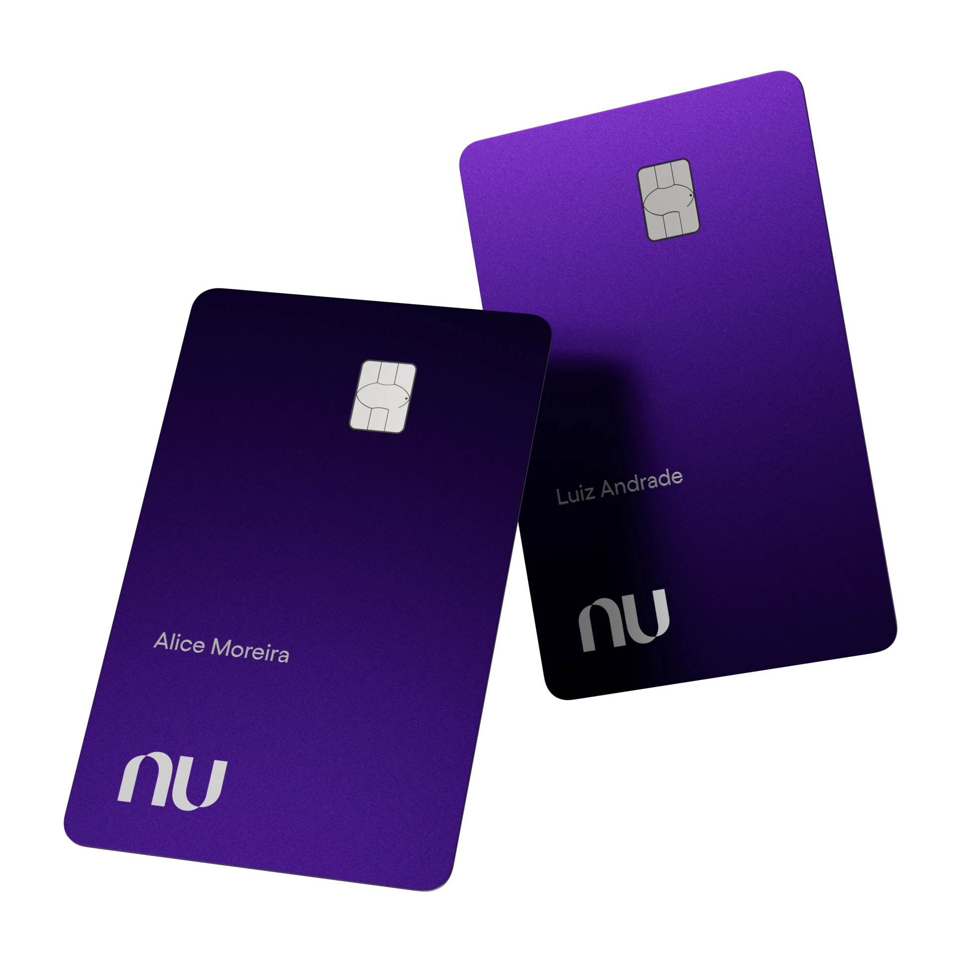 Dois cartões Nubank Ultravioleta sobrepostos e flutuando na tela.