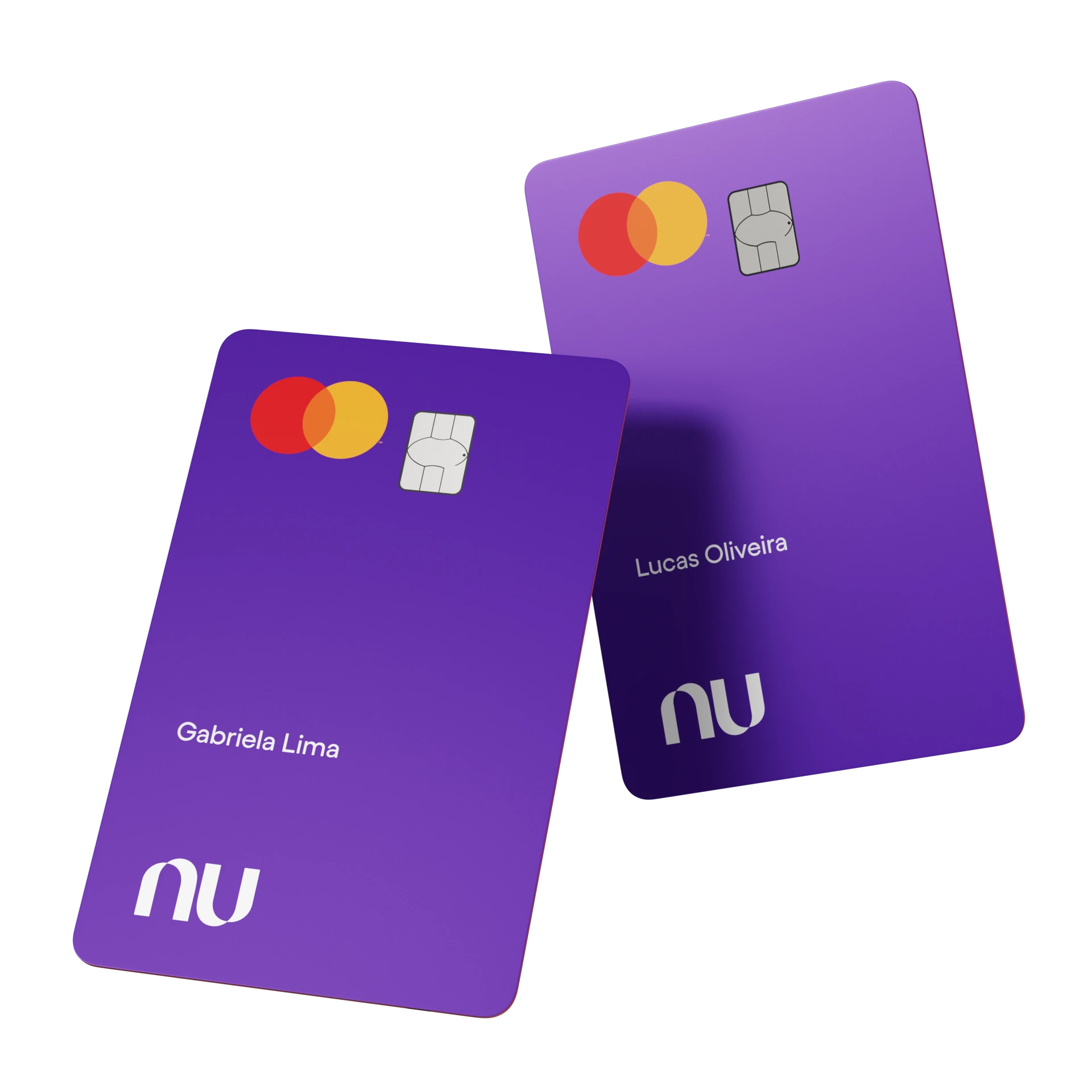 Dois cartões Nubank sobrepostos. Em segundo plano, fundo transparente.