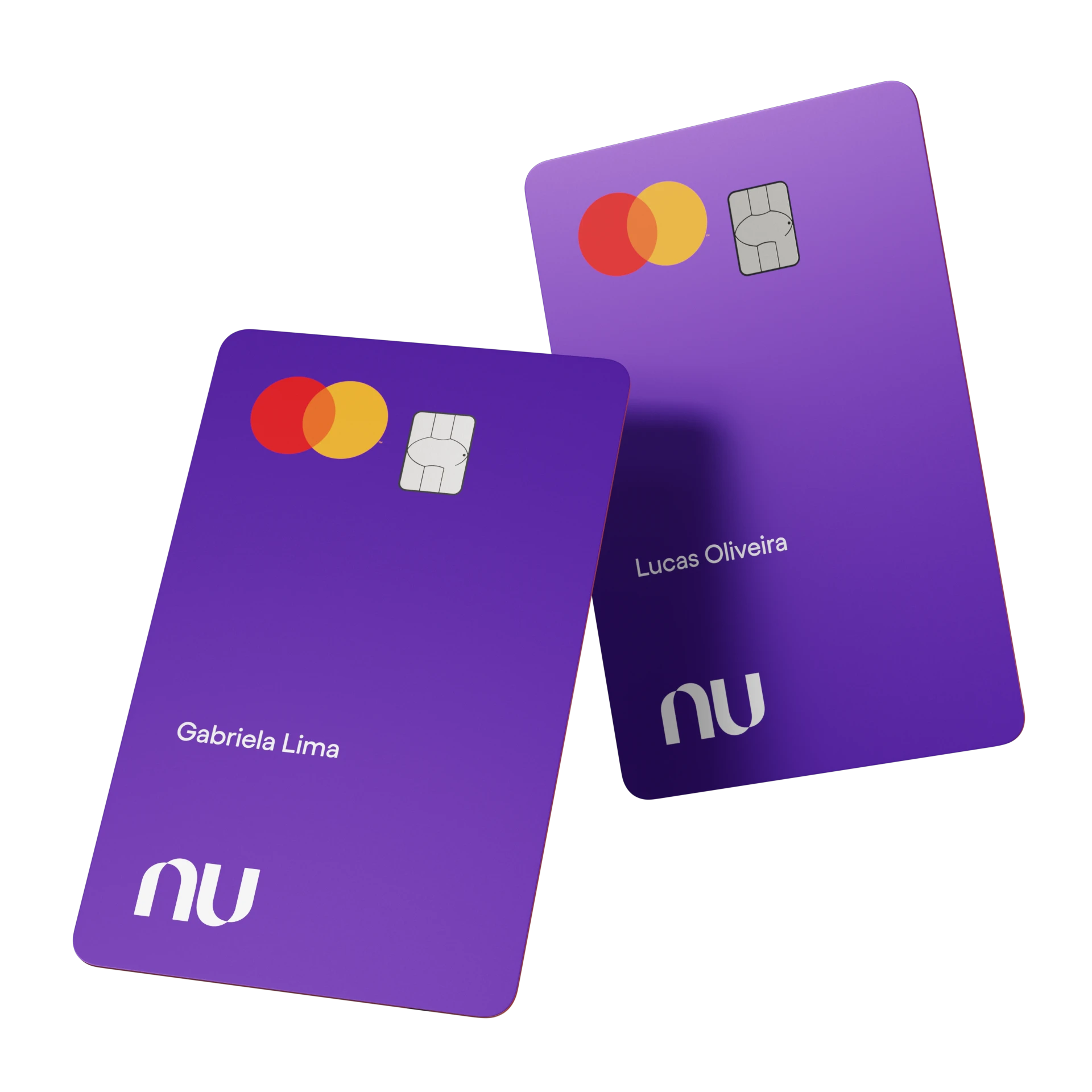 Dois cartões Nubank sobrepostos. Em segundo plano, fundo transparente.
