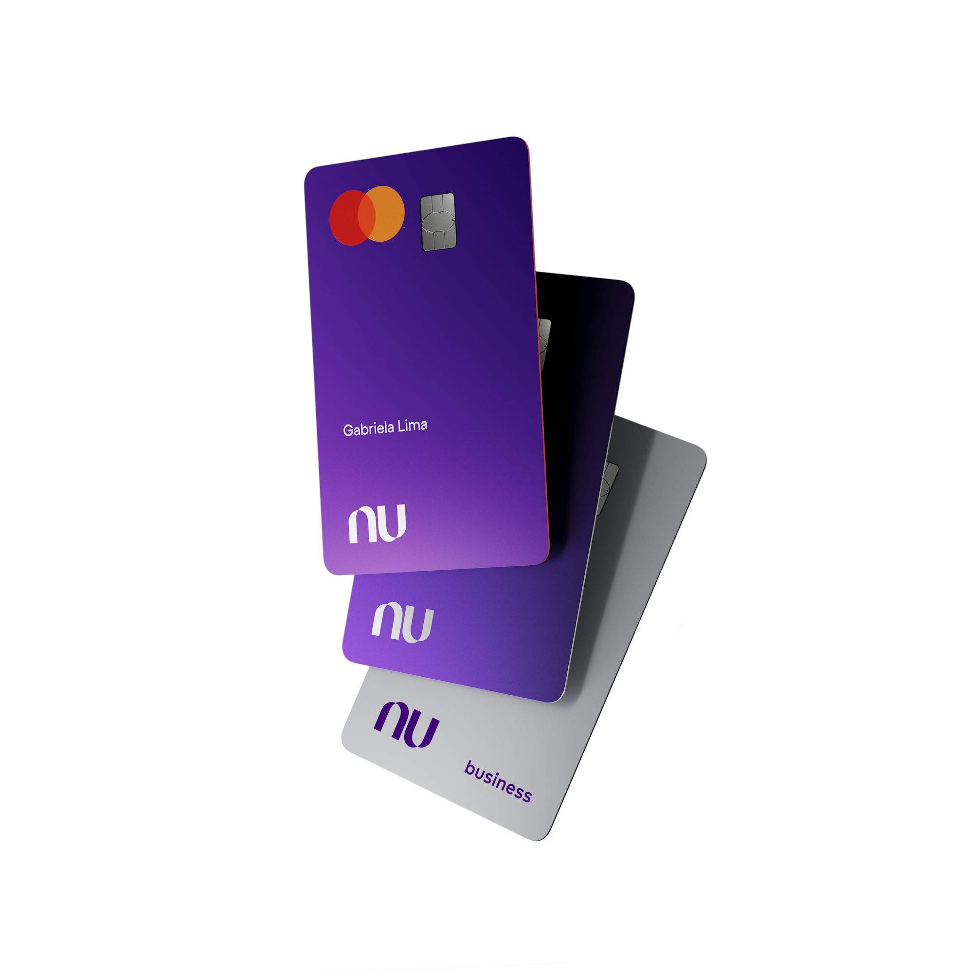 Conjunto de cartões de crédito Nubank sobrepostos, incluindo cartão PJ e Ultravioleta, em tons de roxo e cinza.
