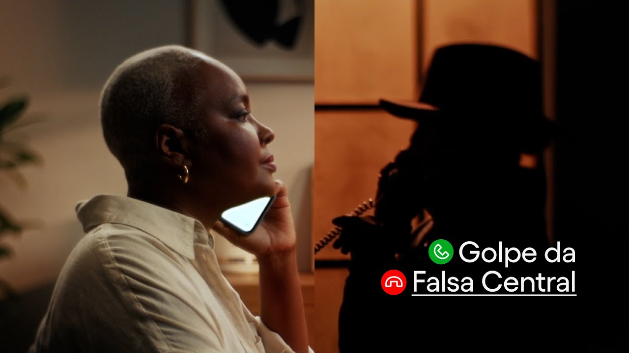 Duas pessoas em uma chamada telefônica, com uma mulher à esquerda e uma figura sombria à direita. A imagem alerta para o golpe da falsa central, destacando os ícones de chamada verde e vermelha.