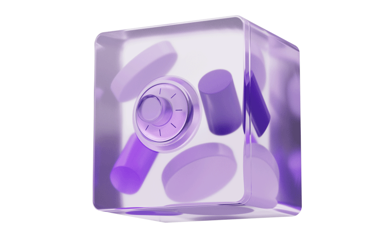 Cubo roxo e branco com formas abstratas em representação digita