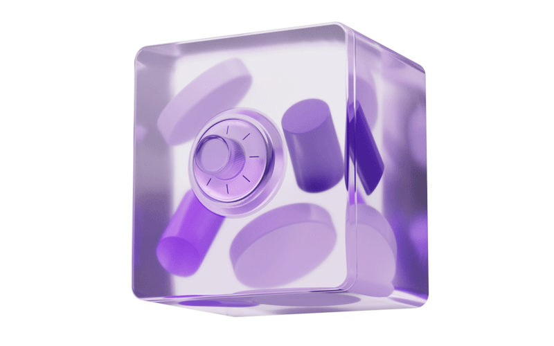 Cubo roxo e branco com formas abstratas em representação digital