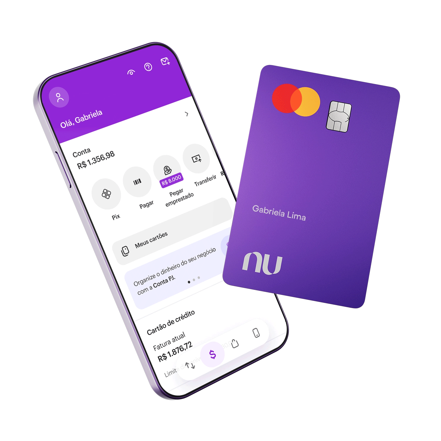 imagem do aplicativo do Nubank aberto na tela de um celular com o cartão roxinho do Nubank