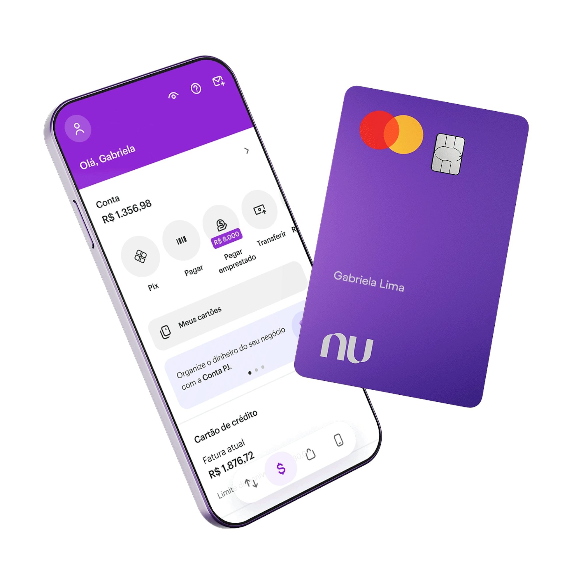 imagem do aplicativo do Nubank aberto na tela de um celular com o cartão roxinho do Nubank