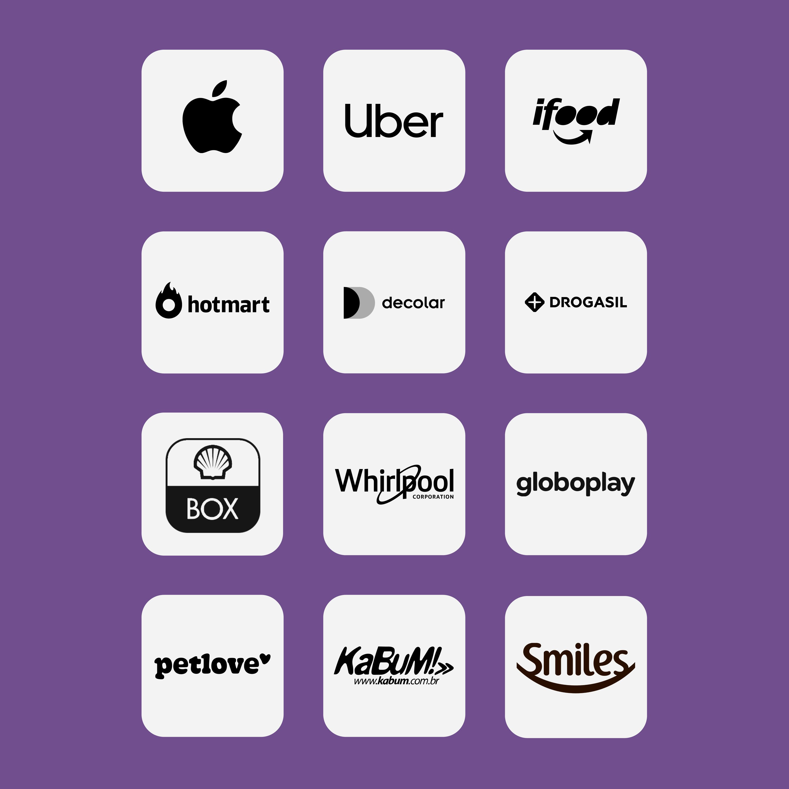 Imagem mostra logotipos das empresas que utilizam NuPay  como meio de pagamento em seus sites e apps.