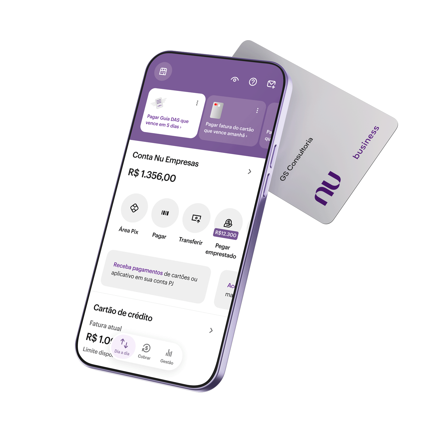 imagem do aplicativo do Nubank aberto na tela de um celular com o cartão PJ ao fundo