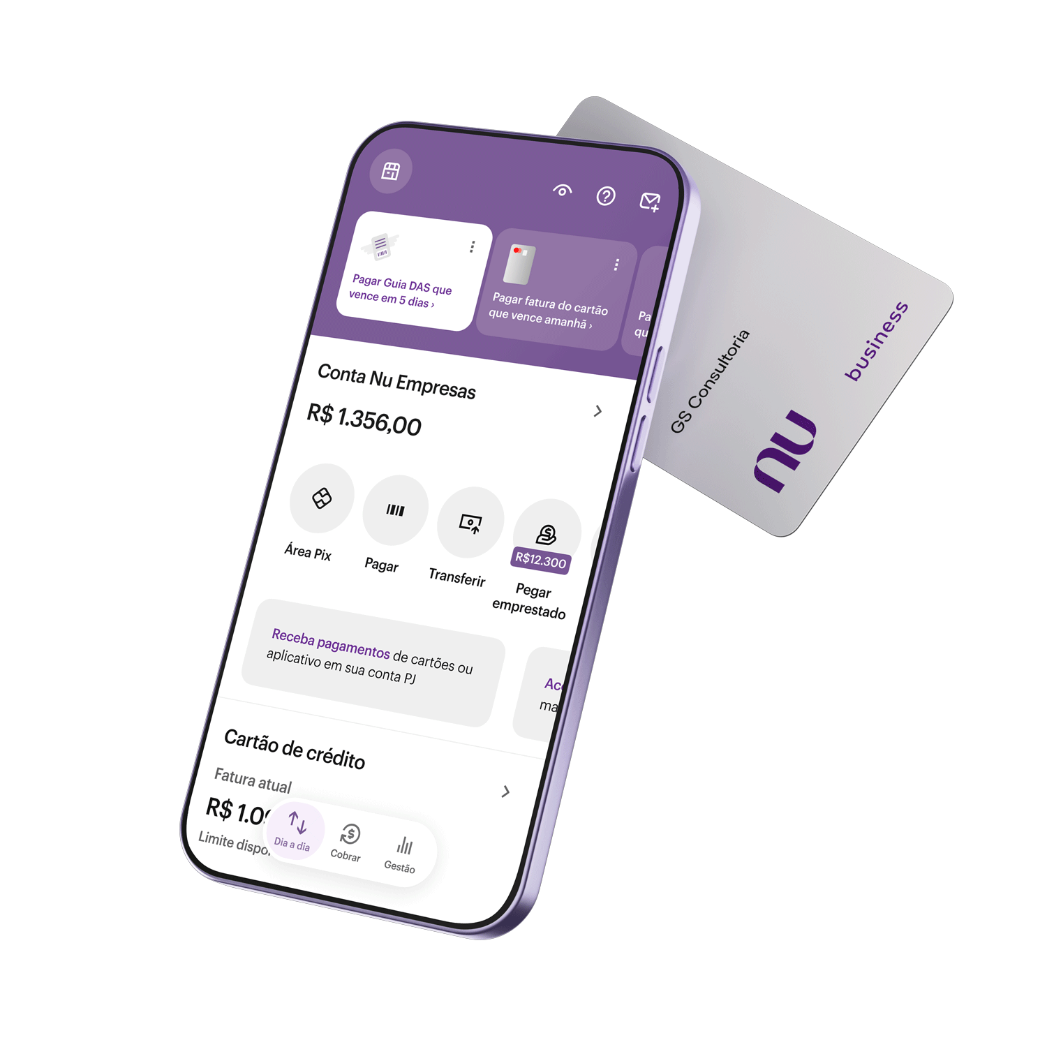 Celular exibindo o app Nu Empresas com informações da conta Nu Empresas e atalhos financeiros, acompanhado de um cartão físico Nubank Business ao fundo.
