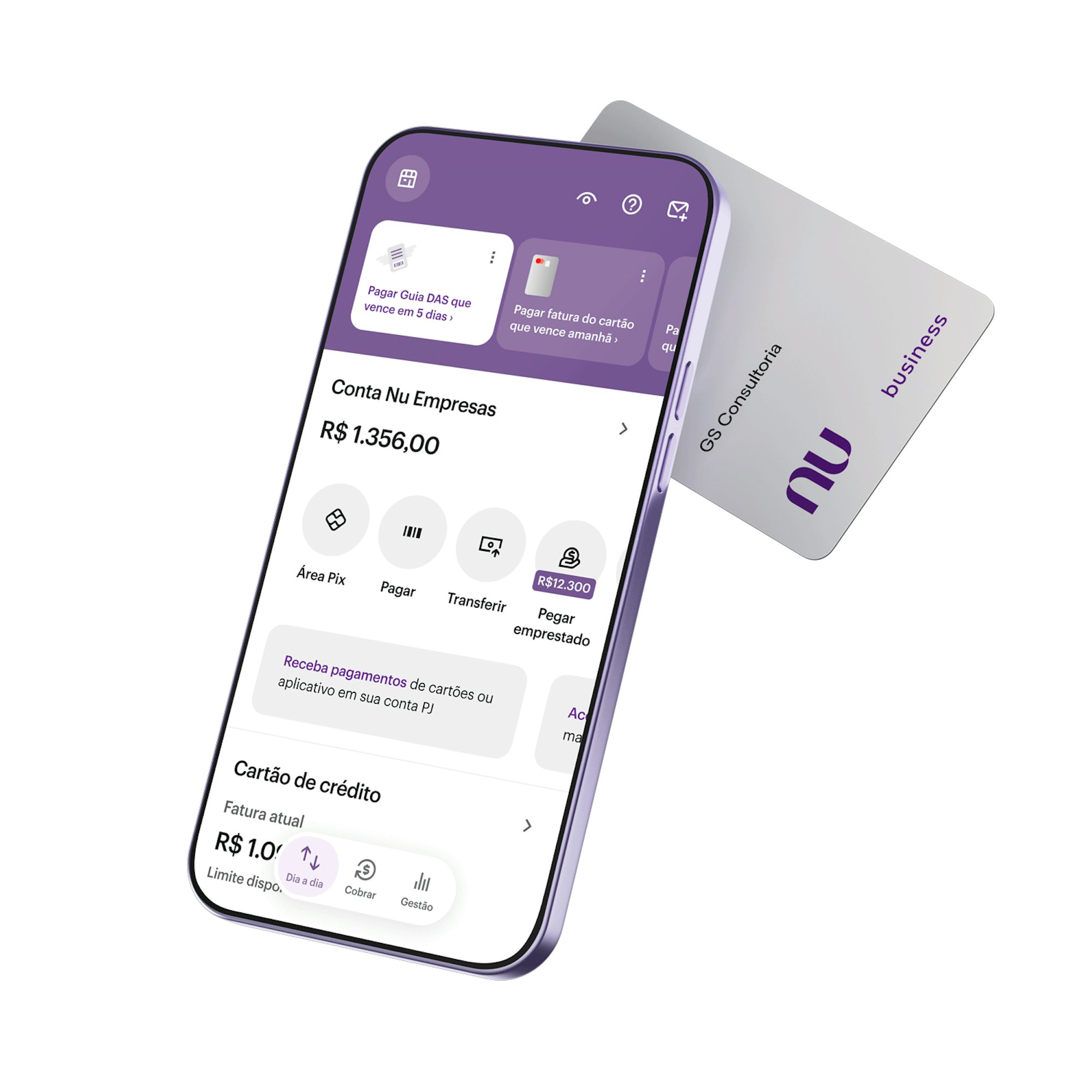 imagem do aplicativo do Nubank aberto na tela de um celular com o cartão PJ ao fundo