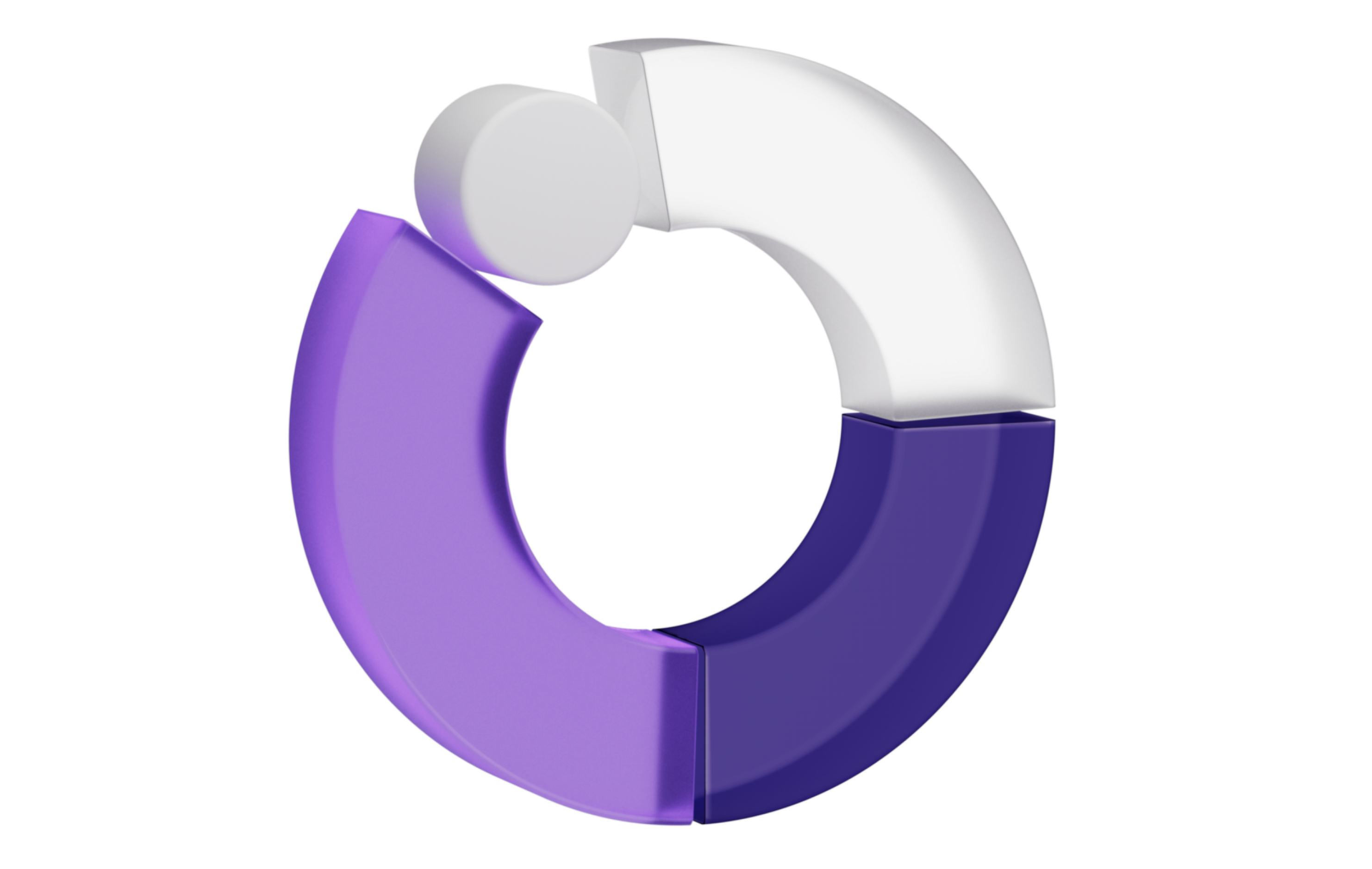 Gráfico circular tridimensional com três segmentos: um cinza claro, um roxo escuro e um roxo claro. No topo, há um pequeno círculo cinza claro. O fundo é transparente.