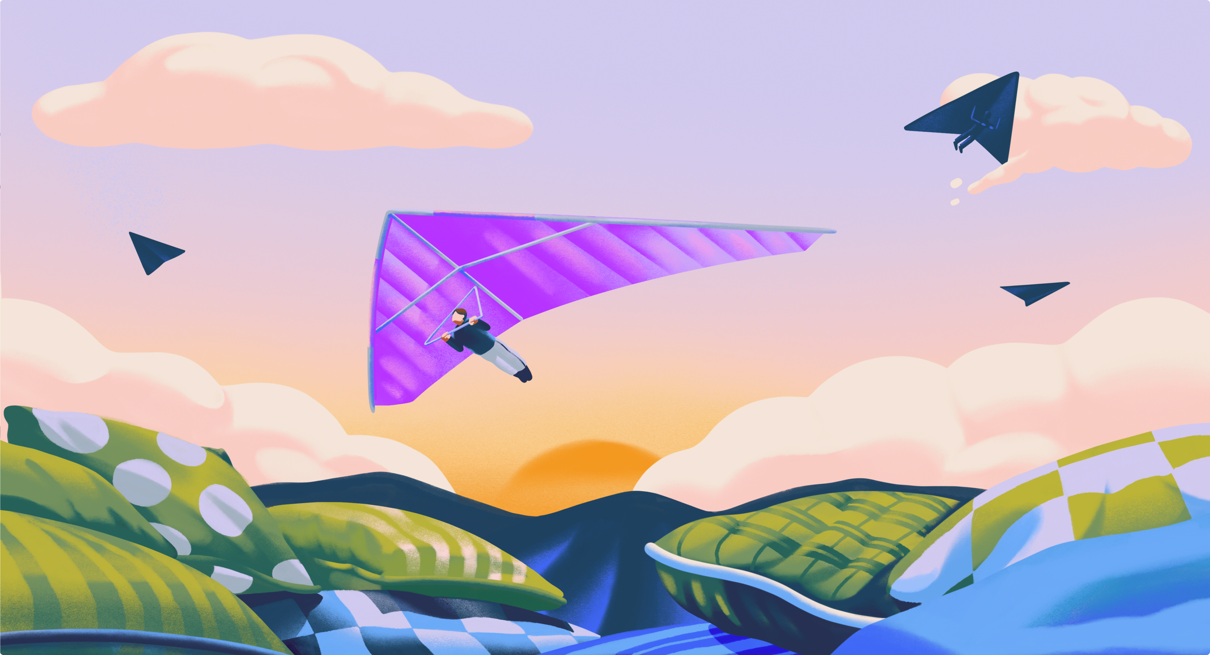Ilustração de uma pessoa voando em asa delta, com uma paisagem de montanhas ao fundo.